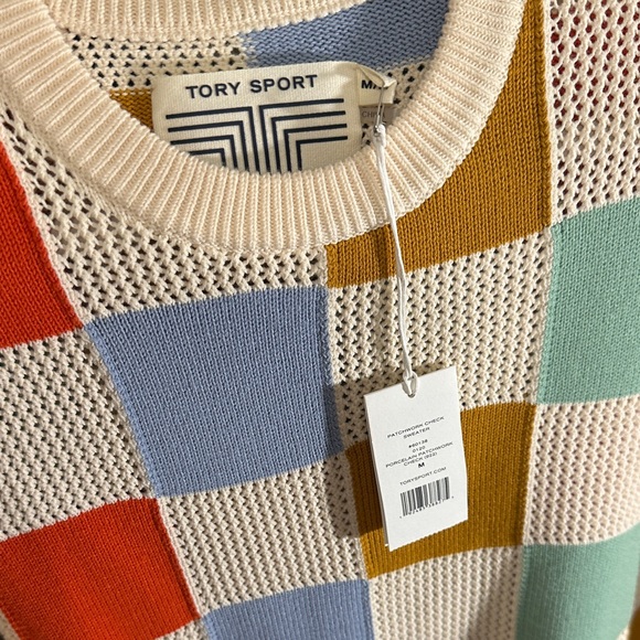 Tory Sport Colorblock Checker Knit Sweater in Ivory, Blue, Mustard & Coral - Picture 7 of 8